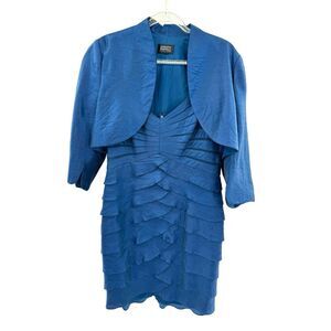 Adrianna Papell Shutter Pleat Sleeveless Blue Shimmer Dress Bolero‎ Large